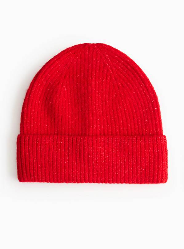 Red Ribbed Knitted Beanie  One Size